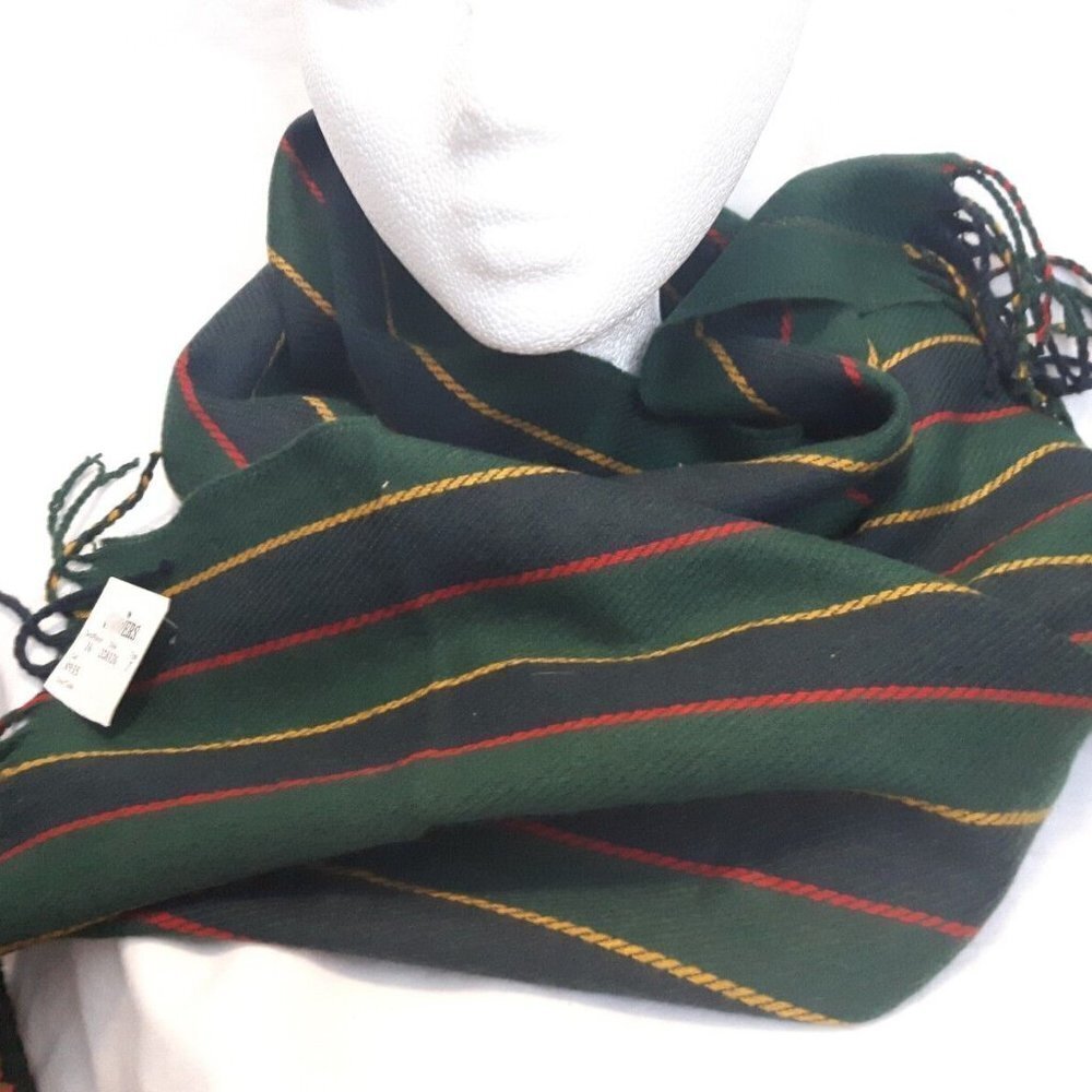 COURTELLE Made in France striped acrylic scarf fringe ends green navy red gold
